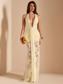 SHEIN BAE Solid Yellow Sexy Deep V-Neck Textured Bodycon Dress, Elegant Beach Vacation Dress, Spring/Summer - Light Yellow - View 3