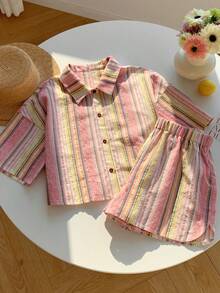 Comfortcana Bộ đồ hai mảnh áo ngắn tay kẻ sọc cầu vồng dáng rộng mới nhất dành cho nữ mùa hè xuân 2026, chất liệu 50% cotton, thích hợp cho kỳ nghỉ, Lễ Tình nhân, Lễ Phục sinh, Ngày Thánh Patrick, đi chơi, dự tiệc, đám cưới, lễ tốt nghiệp, thanh lịch, nghỉ mát, thường ngày, sang trọng, trang trọng, lễ hội, thư giãn tại nhà, bãi biển, ngày lễ. - Hồng - Xem 5