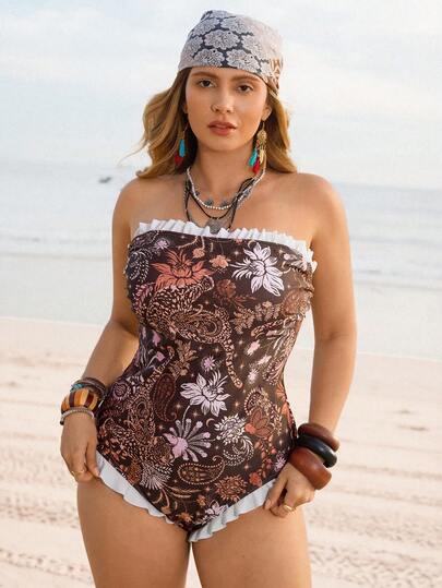 Swim Mod Plus Size One-Piece Swimsuit With Detachable Straps, Cashew Flower Print, Frill Trim, White