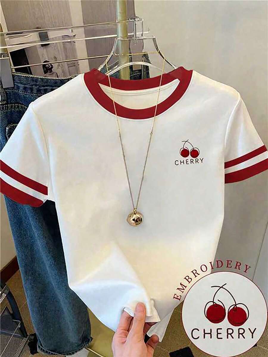 Teen Girl Casual Cherry Pattern Contrast Color Trim Short Sleeve Round Neck T-Shirt, Suitable For Summer - Multicolor - View 1
