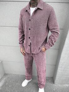 Manfinity CasualCool Bộ áo sơ mi dài tay cài cúc phía trước màu trơn dành cho nam và quần dài có túi xéo. - Hồng - Xem 4