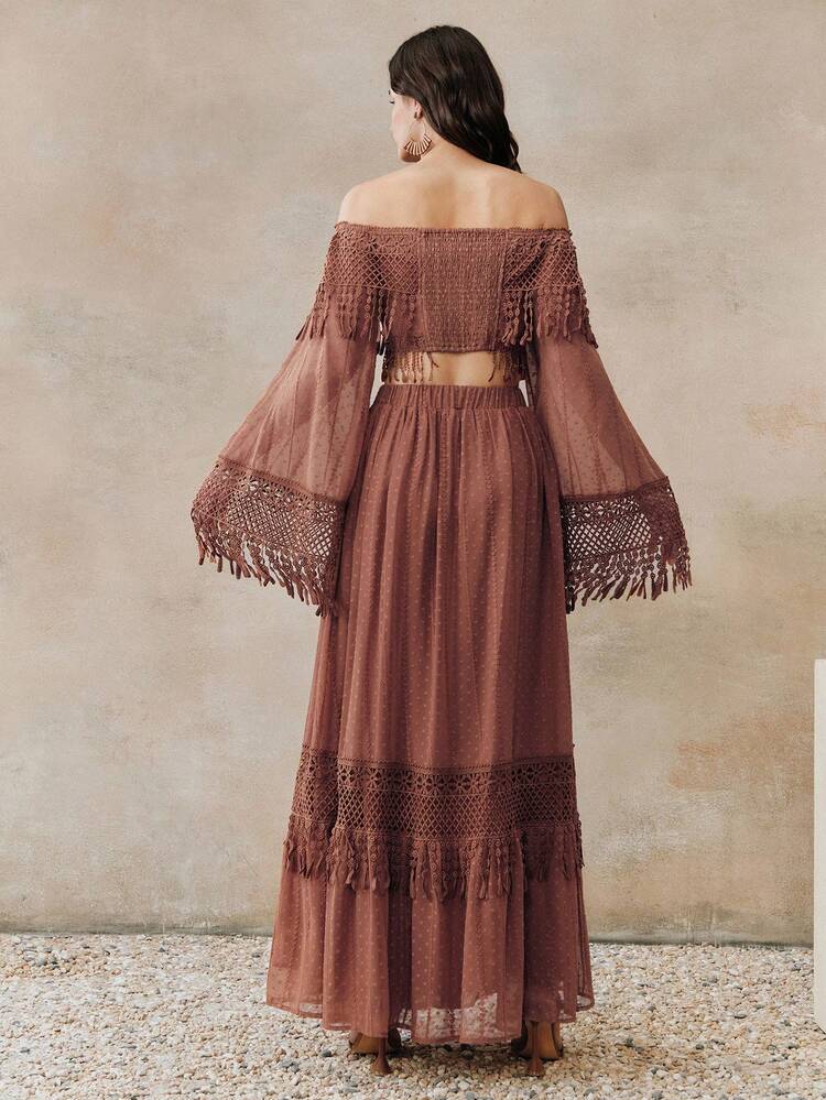 Spring/Summer New Vintage Bohemian Holiday Style Off Shoulder Cropped Flowy Tassel Trim Top + High Waist Flowy Tassel Trim Polka Dot Maxi A-Line Skirt Women 2-Piece Set Boho Long Dress Tassel Maxi Dress Bohemian Maxi Dress Off The Shoulder Maxi Dress Brown Maxi Dress