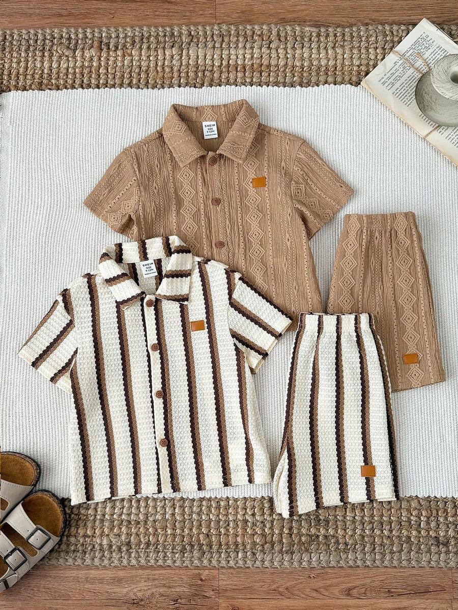 SHEIN 2件套男/女婴休闲可爱度假风条纹纯色短袖衬衫短裤套装，多件装，适合春夏穿着