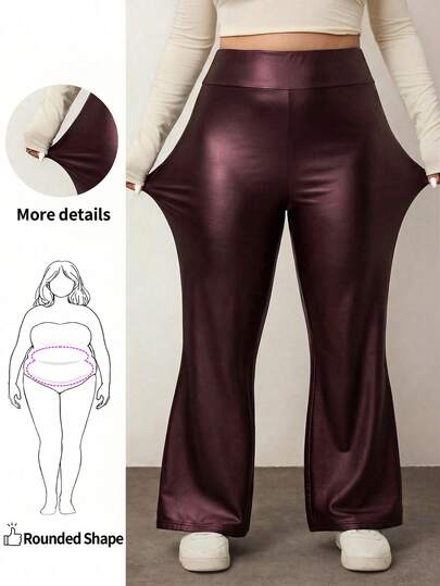 Enliva Plus Size Women High Waist Solid Color Faux PU Leather Elastic Flare Pants Flared Leggings Faux Leather Flare Pants, For Apple Rounded Body Shape