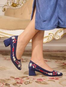 CUCCOO TILAWA Elegant Floral Women's Chunky Heels - Casual Square Toe, High Heel, Fabric Upper, Synthetic Insole, Multi-Season Versatile Shoes, Ladies Footwear - Royal Blue - View 3