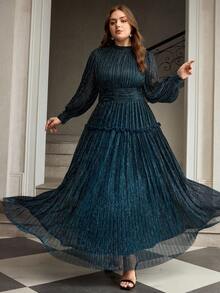 ZEYLAH Đầm dài xếp ly ôm eo, thanh lịch, cỡ lớn, lấp lánh. - Màu xanh lá cây đậm - Xem 4