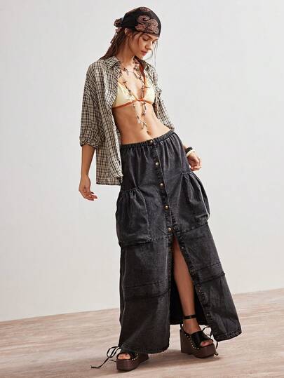 Bohemela 波西米亚风春夏外套，复古女士休闲纯色水洗梭织宽松前开衩长款工装裙，西部乡村风格音乐会派对，适合海滩度假、日常穿着、返校、外出和派对，2000年代，Y2K，夏季假期，工装裙