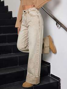 SHEIN Tall 冬季女款休閒水洗復古時尚翻邊設計寬腿牛仔褲，適合高個女性 - 卡其色 - 查看 6