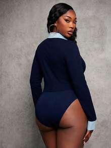 SHEIN SXY Plus-Size Women's Spring/Summer Sexy, Elegant, Simple, And Commuter-Friendly Blue Patchwork Shirt Collar Two-In-One Tight-Fitting Long-Sleeved Bodysuit. Suitable For Everyday Wear, Business, Simple, Commuting, Elegant, Casual, Shopping, Street Style, And Outings. Easy To Match, Slimming, And Figure-Flattering. - Navy Blue - View 2