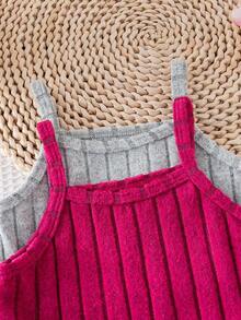 2pcs/Set Baby Girls' Summer New Sleeveless Ribbed Fabric Shorts Romper, Fuchsia/Gray Ribbed Fabric, Minimalist Cute Versatile Casual Holiday Jumpsuit 2pcs Set - Multicolor - View 6