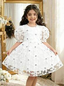 Young Girl Cute Princess Dress Heavy Duty Three Dimensional Flower Fabric Design Elegant Style, Suitable For Party Dressing - White - View 3
