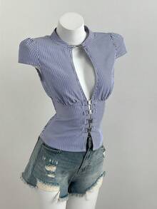 Elamini 条纹深V领优雅女士短袖衬衫 - 黑與白 - 查看 3