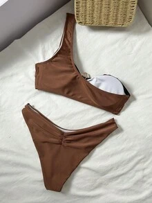 Swim Vcay 2pcs Women's Casual Vacation Elegant Solid Color Halter Bikini Set, Spring/Summer - Brown - View 3