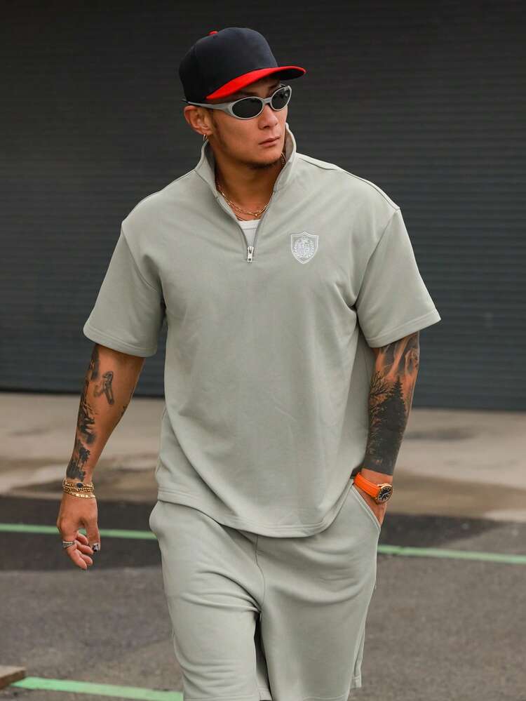 Men's Letter Print Short Sleeve 1/3 Zip Collar Shirt And Shorts Set, Summer