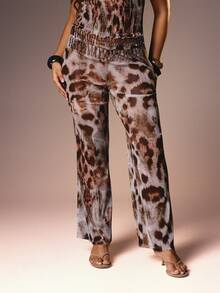 MISSGUIDED 豹纹阔腿裤，饰有串珠滚边，高腰设计，飘逸的波西米亚风格 - 彩色 - 查看 2