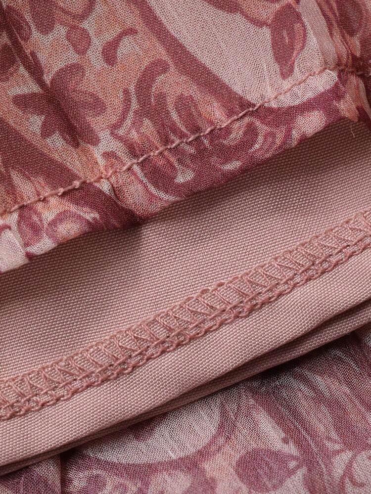 Women's Elegant Floral Print Stand Collar Frill Waist Belt Shirt & Pleated Skirt 2-Piece Set, Spring/Summer,Wedding Guest Dress Women