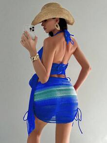 Swim SXY 4件套女士新款吊带露背上衣、侧系带衬衫、侧系带泳裤和侧系带迷你裙性感比基尼套装，夏季 - 藍色 - 查看 2