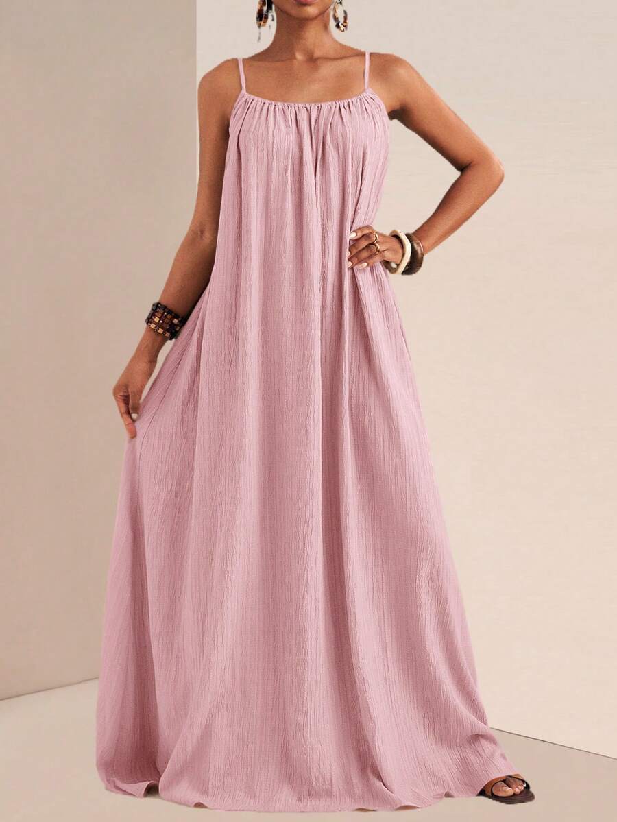 Slaydiva Plus Size Solid Color Spaghetti Strap Square Neck Loose Long Dress, Summer Dresses