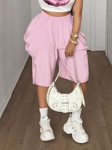 Maweii Plus Size Women Pink Draped Wide Leg Shorts - Pink - View 2