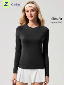OutZeal 女士运动T恤瑜伽健身上衣柔软弹力修身长袖圆领 - 黑色 - 查看 1