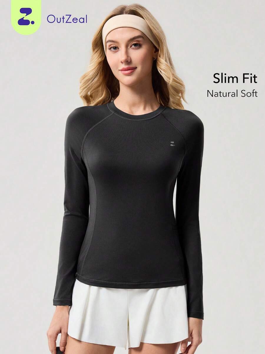 OutZeal 女士运动T恤瑜伽健身上衣柔软弹力修身长袖圆领 - 黑色 - 查看 1