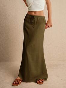Poéselle Women's Skirt, Floor Length Maxi Skirt, Tie At Waist, Cute Skirt, Low Waist Skirt - Army Green - View 2