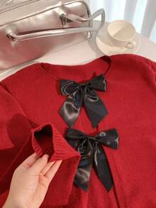 Comfortcana 大码圆领蝴蝶结撞色休闲开衫，秋冬款 - 紅色 - 查看 6