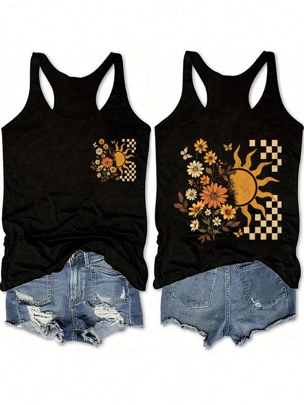 SHEIN LUNE Camiseta de tirantes casual y minimalista con estampado de cuadros, flores y girasoles para vacaciones