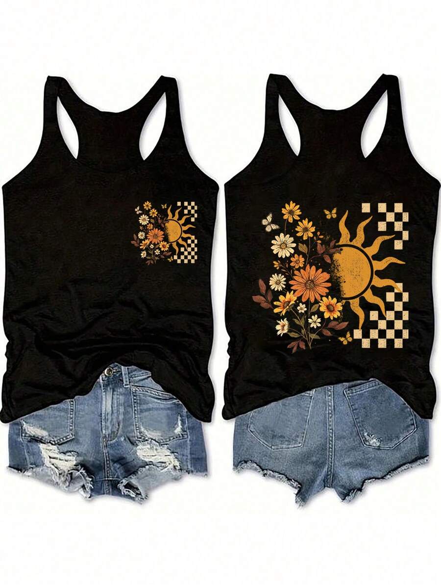 SHEIN LUNE 女士休闲简约格子花朵向日葵度假图案背心，休闲款 - 黑色 - 查看 1