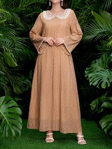 Al Najma Women's Chic Pink Modest Abaya Maxi Dress With Lace Peter Pan Collar,Long Sleeve Textured Floral Print Tunic For Summer - Pink - View 4