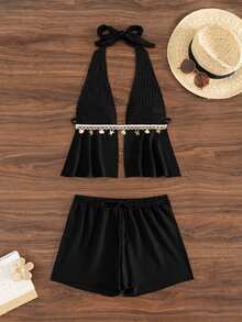 Bonvoyette 2026新款女士夏季沙滩度假纯黑色泡泡纹理面料星贝壳流苏抽绳露背吊带泳衣两件套 - 黑色 - 查看 3