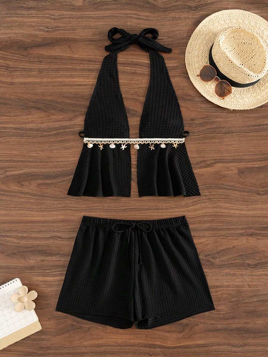 SHEIN Swim Vcay 2026 New Women's Summer Beach Vacation Solid Black Bubble Texture Fabric Star Shell Tassel Drawstring Backless Tankini Swimsuit 2 Pieces Set Summer Festival Outfits For Women Party Outfit,Beach Outfits  Wedding Guest Dress For Women  Elegant Dresses For Women - Black - View 1