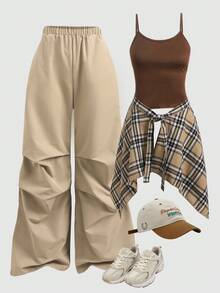 Girlism Teen Girl Knitted White Camisole Top, Ruched Woven Long Pants, Casual Outfit With Skirt - Multicolor - View 8