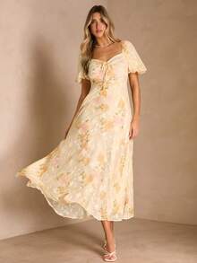 Enchnt 女士休闲碎花甜心领泡泡袖连衣裙，夏季 - 杏色 - 查看 7