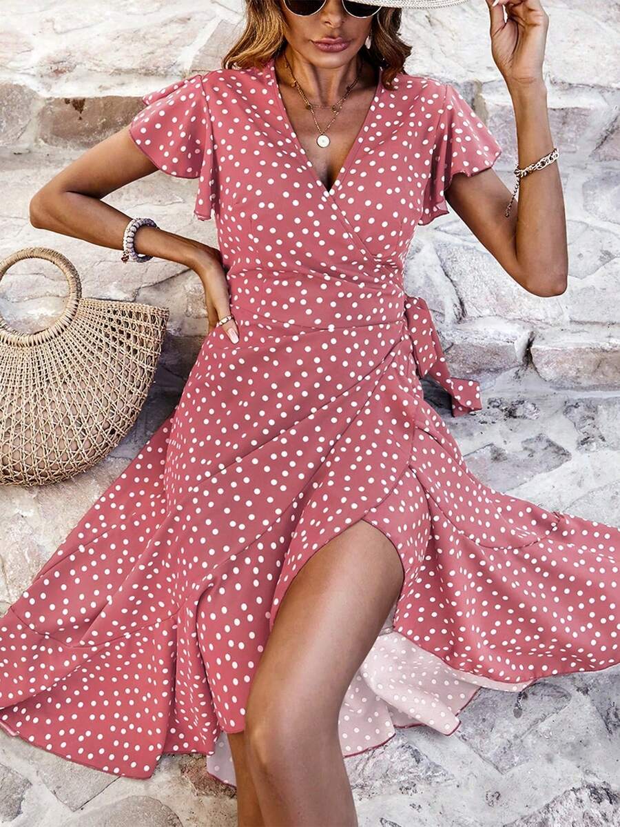 Breezaya Damen Kleid mit Polka Dot Muster, Wickelausschnitt und Flügelärmel - Pink - Übersicht 1
