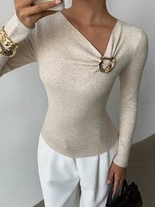 Selianne 女士优雅修身不对称金属扣装饰长袖毛衣，春夏款 - 杏色 - 查看 8