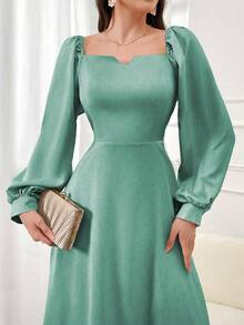 Modelyn Đầm dài tay dáng chữ A màu xanh lá cây dệt kim, thắt eo, thanh lịch, lãng mạn, điểm xuyết ngọc trai, dành cho nữ, thích hợp cho mùa xuân/hè. - màu xanh lá - Xem 6