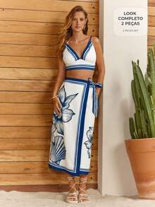 CAJUNI Ocean Print Cami Top And Sarong Skirt Set - Blue and White - View 1