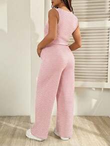 SHEIN 2pcs Set Baju Hamil Tanpa Lengan Bergaris Kasual Nyaman dan Bernapas untuk Musim Panas - Berwarna merah muda - View 2