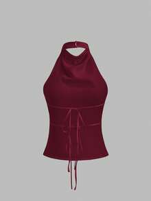 Sweetra Backless Tie Strap Sleeveless Minimalist Design Summer Camisole - Burgundy - View 2