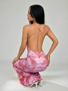 SHEIN PETITE 女士深V领露背扎染印花连衣裙 - 粉色 - 查看 2