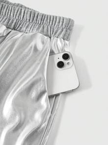 ROMWE MEN Street Life Men's Fashionable Shiny Silver 7-Inch Cargo Shorts, Summer - Silver - View 12