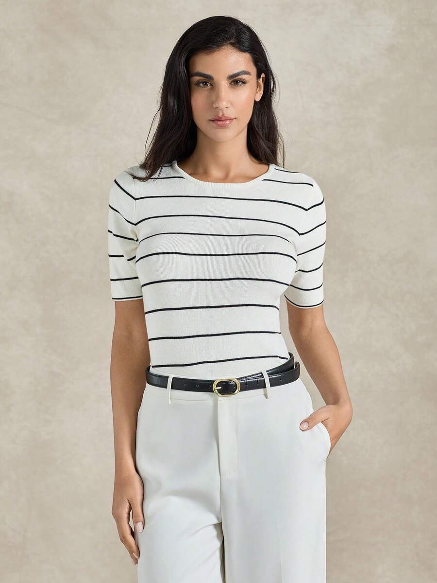 Briarwyn Women's Casual Commuter Striped Short Sleeve Knit Top - White - View 1