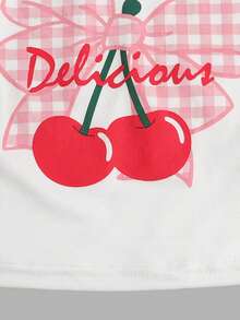 SHEIN Tween Girls Casual Homewear Fitted Lace Trim Collar Cherry Print Camisole And Plaid Loose Pants Set - Red and White - View 3