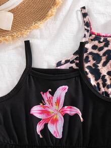 SHEIN Elladie kids 3件套女童夏季新款2025印花纯色连体短裤，简约时尚度假风连体裤 - 彩色 - 查看 4