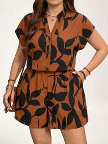 Comfylo Bộ jumpsuit mùa hè cỡ lớn phong cách boho với họa tiết hình học bất đối xứng dành cho nữ - màu nâu - Xem 1