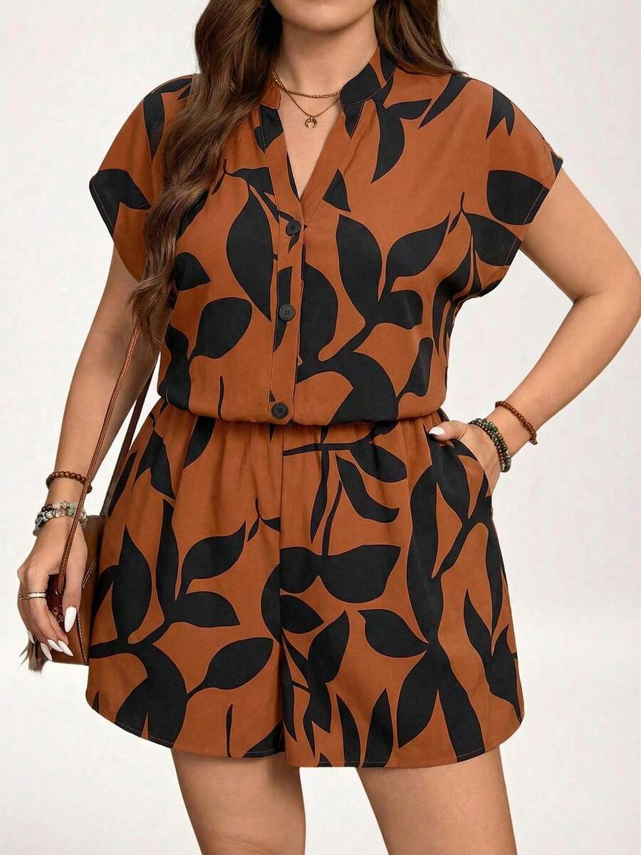 Comfylo Bộ jumpsuit mùa hè cỡ lớn phong cách boho với họa tiết hình học bất đối xứng dành cho nữ - màu nâu - Xem 1
