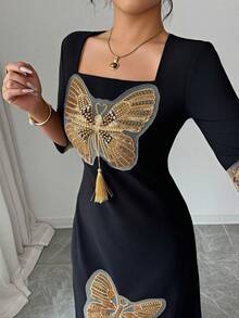 Yasmyna 女士优雅方领高端复古法式蝴蝶流苏前开衩半袖连衣裙 - 黑色 - 查看 8