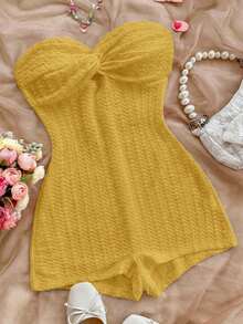 SHEIN PETITE CURVE Plus Size Minimalist Casual Twist Textured Fabric Jumpsuit, Summer Fashion - Yellow - View 7