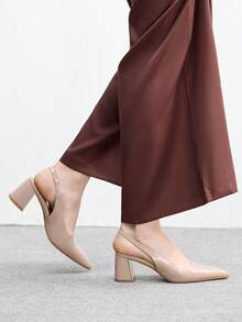 CUCCOO BIZCHIC Giày nữ, giày cao gót mũi nhọn, đế dày, gót trung bình, màu be, kiểu slingback, thời trang và thoải mái, phù hợp cho công sở, đi làm, đa năng. - Da sơn màu be - Xem 5
